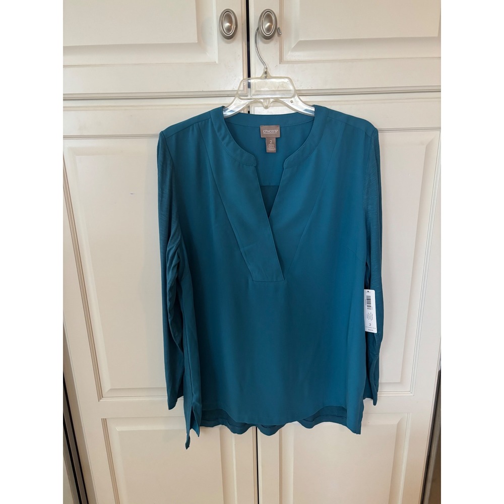 Chicos Mixed Media Split Neck Tunic Pottery Blue Teal Top Size L 570312958 NEW